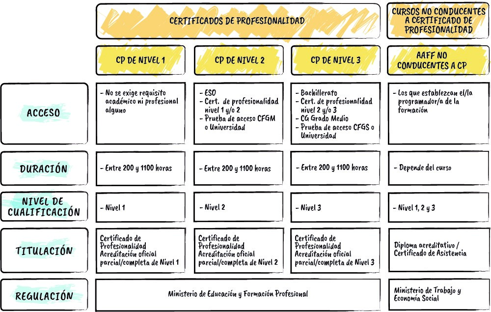 Tabla dibujada sobre acceso, duración, niveles de cualificación, titulación y regulación en los tipos de formación en FPE.